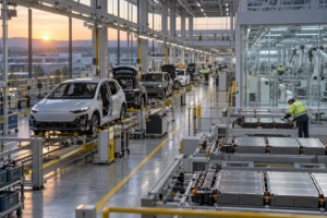 Moderne bilfabrik med elbiler på samlebånd og batterimoduler i en separat produktionszone.