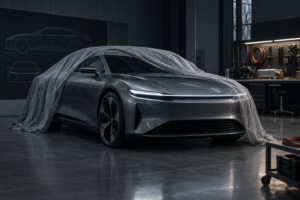 Grå elektrisk sedan står delvist tildækket i et mørkt udviklingsstudie med elektriske komponenter i baggrunden.