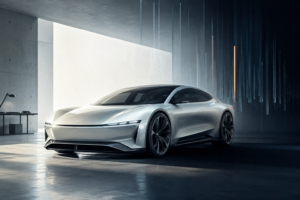 En umærket sølvfarvet elektrisk fastback står mellem et lyst designstudie og mørke lodrette lyslinjer.