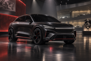 Mørk elektrisk performance-SUV står under røde spotlys på et moderne bilmuseum.