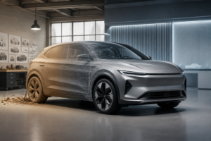 En umærket sølvgrå kompakt el-SUV skifter fra lermodel til færdig form i et designstudie.