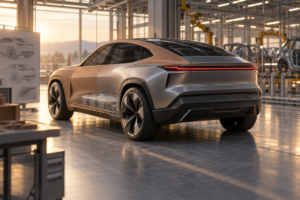 Elektrisk coupé-SUV som prototype i en moderne bilfabrik med synlig batteriplatform.