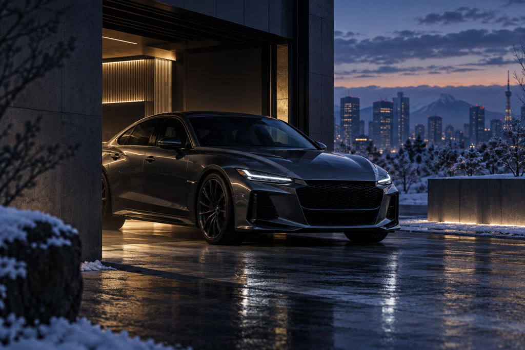 Mørk sports-sedan holder ved et japansk designstudie i vinterligt aftenlys.