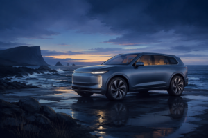 En umærket elektrisk luksus-SUV på våd kystvej i skumringen.