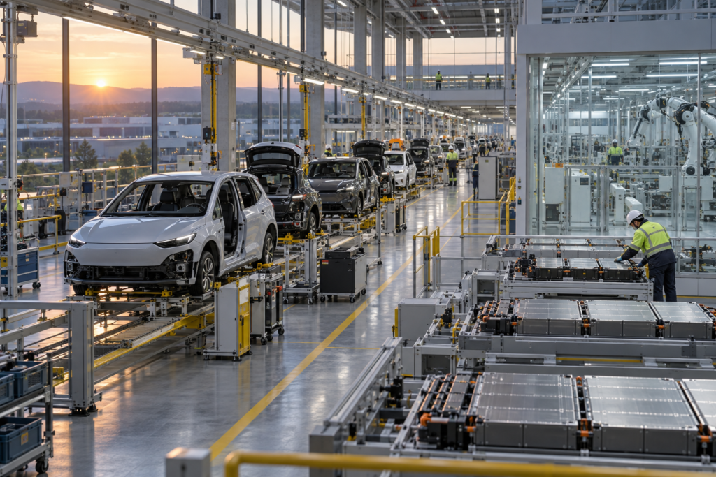 Moderne bilfabrik med elbiler på samlebånd og batterimoduler i en separat produktionszone.