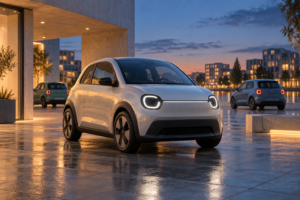 En umærket kompakt elektrisk bybil foran moderne bygninger i blåt aftenlys.