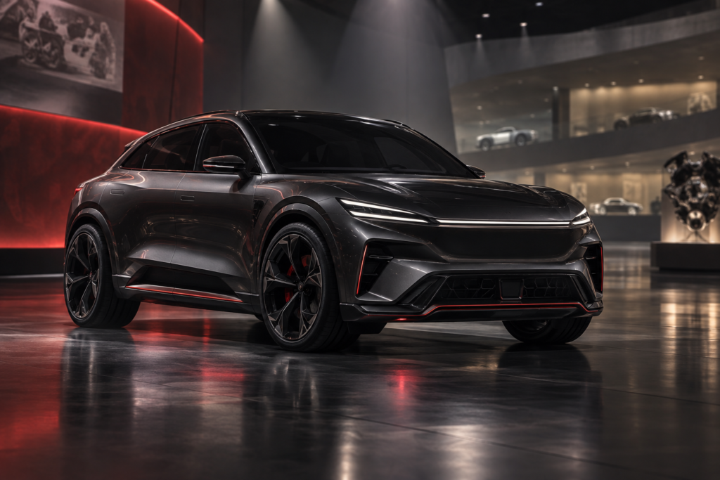 Mørk elektrisk performance-SUV står under røde spotlys på et moderne bilmuseum.