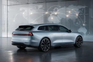 En umærket elektrisk stationcar foran en abstrakt global rutegrafik.