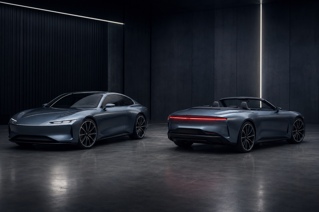 En umærket elektrisk coupé og cabriolet i et mørkt designstudie.