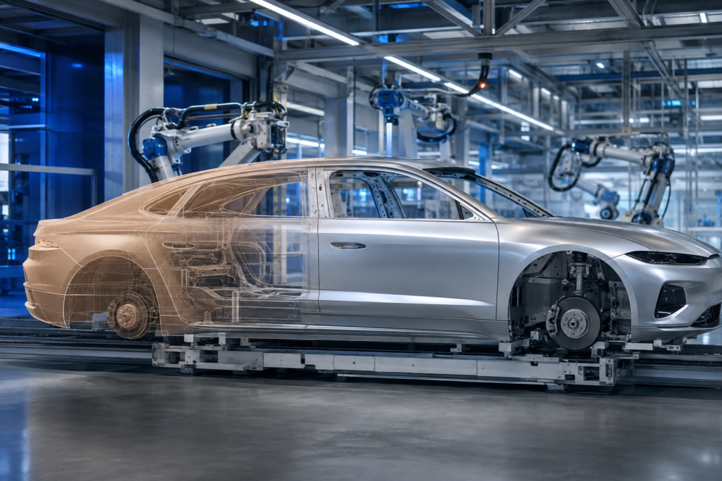 En umærket elektrisk sedan går fra gennemsigtig konceptform til metal i en moderne bilfabrik.