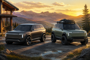 To umærkede elektriske SUV'er ved en bjerglodge, én elegant og én terrænudstyret.