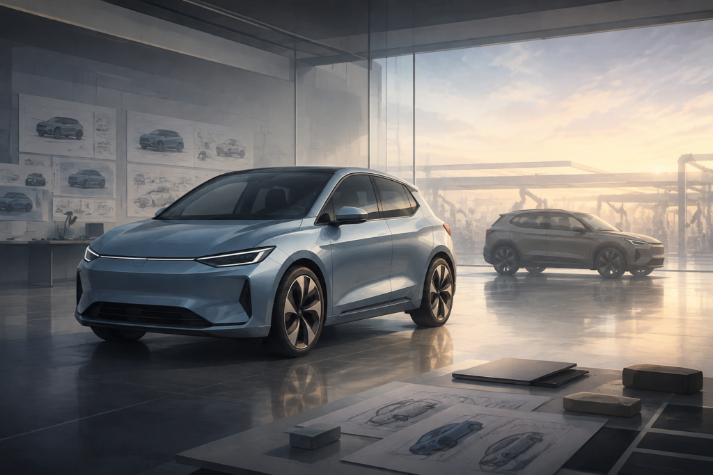 En umærket kompakt hatchback og en crossover i en moderne europæisk designhal.