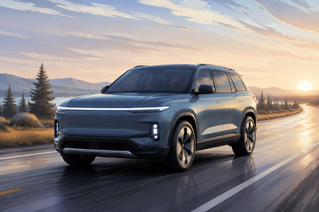 En umærket stor elektrisk SUV på en våd landevej i morgenlys.