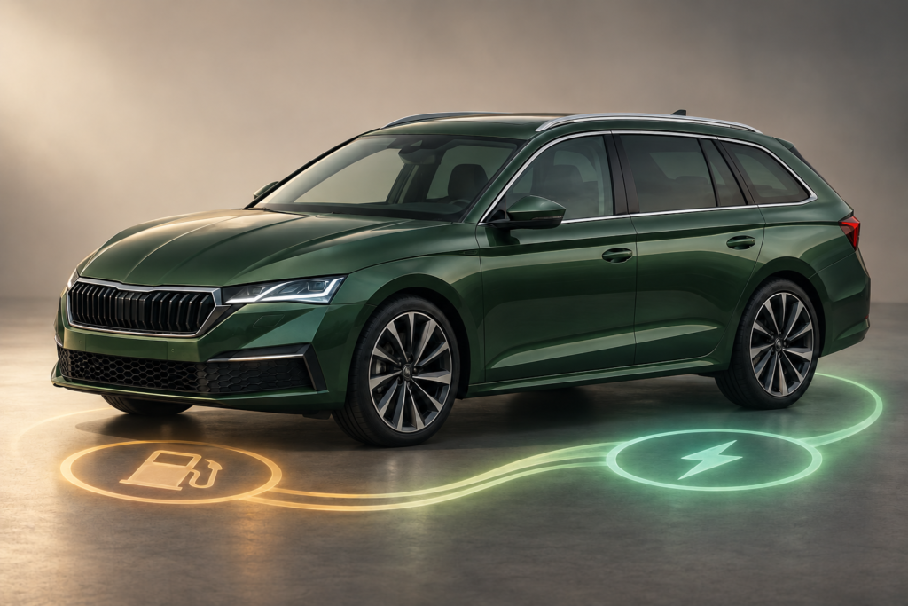 Grøn stationcar med diskrete motiver for benzin og elektrisk energi