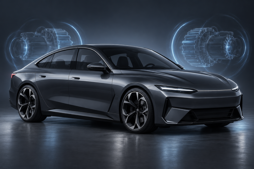 Mørk elektrisk sportssedan med diskrete lysmotiver i baggrunden