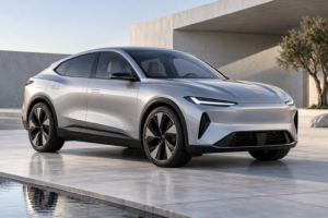 Sølvfarvet elektrisk SUV med faldende coupétag på en lys plads