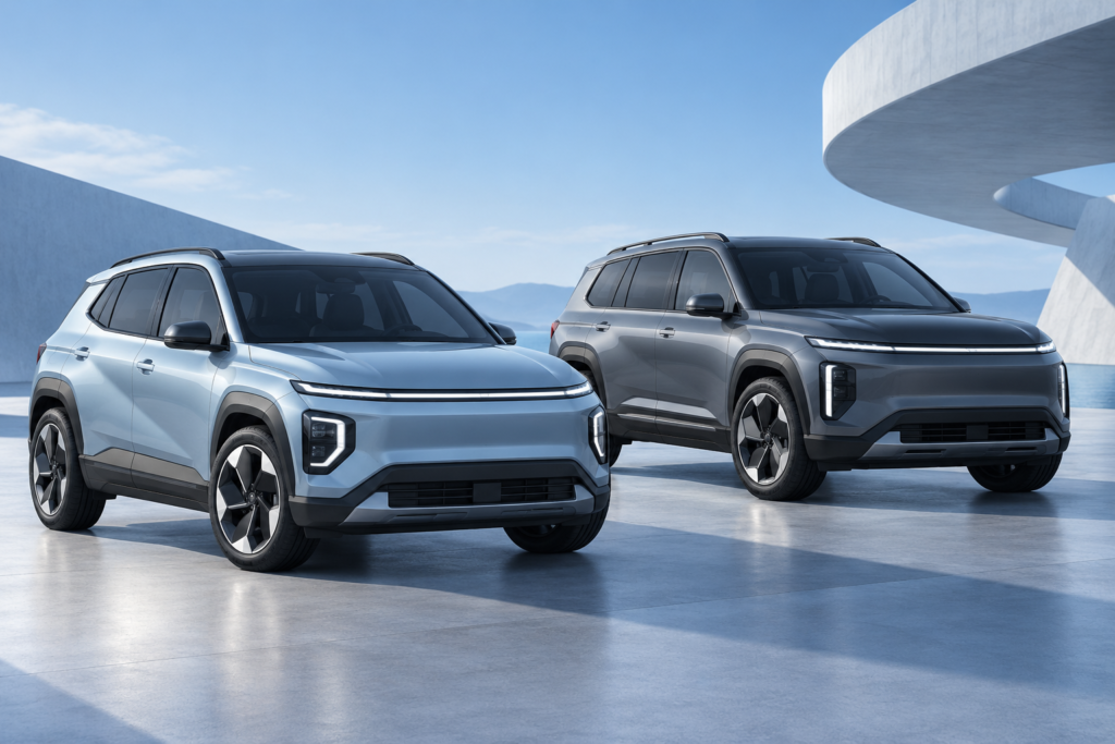 To elektriske SUV’er i forskellig størrelse på en lys plads