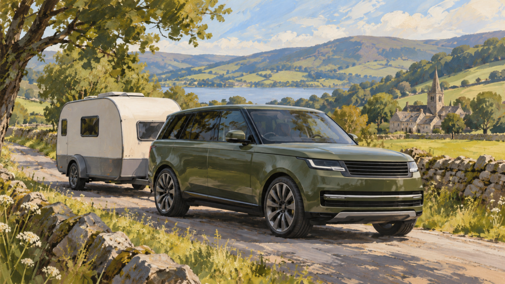 Fiktiv olivengrøn SUV med en campingvogn på en landevej, malet illustration.