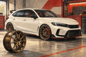 Fiktiv sports-hatchback med smedede fælge, malet illustration.