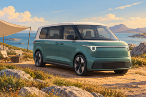 Fiktiv turkis elektrisk minibus med lyst tag ved en enkel campingplads.