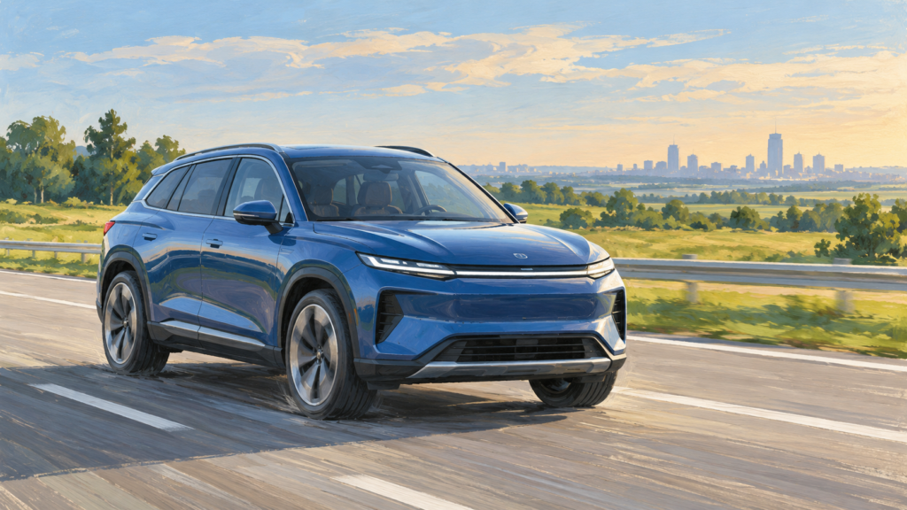 Fiktiv blå elektrisk SUV på motorvej, malet illustration.