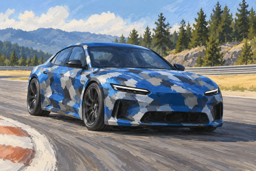 Fiktiv blå camoufleret sportssedan på en testbane, malet illustration.