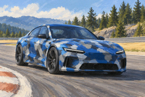 Fiktiv blå camoufleret sportssedan på en testbane, malet illustration.