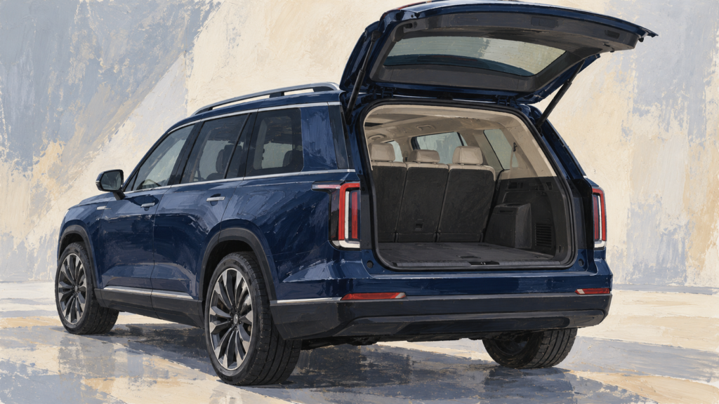 Fiktiv stor SUV med åben hel bagklap, malet illustration.
