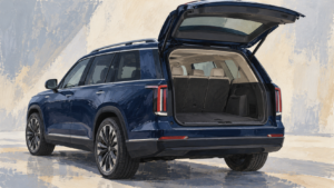 Fiktiv stor SUV med åben hel bagklap, malet illustration.