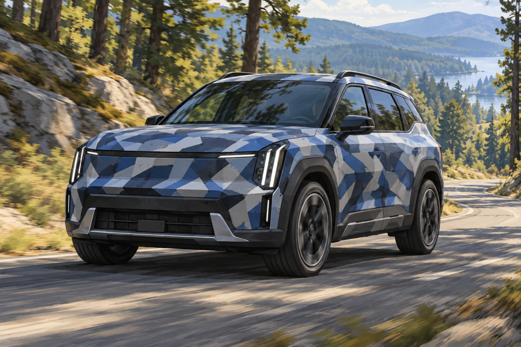 Stiliseret fiktiv camoufleret familie-SUV på en testvej, tegnet som redaktionel illustration.