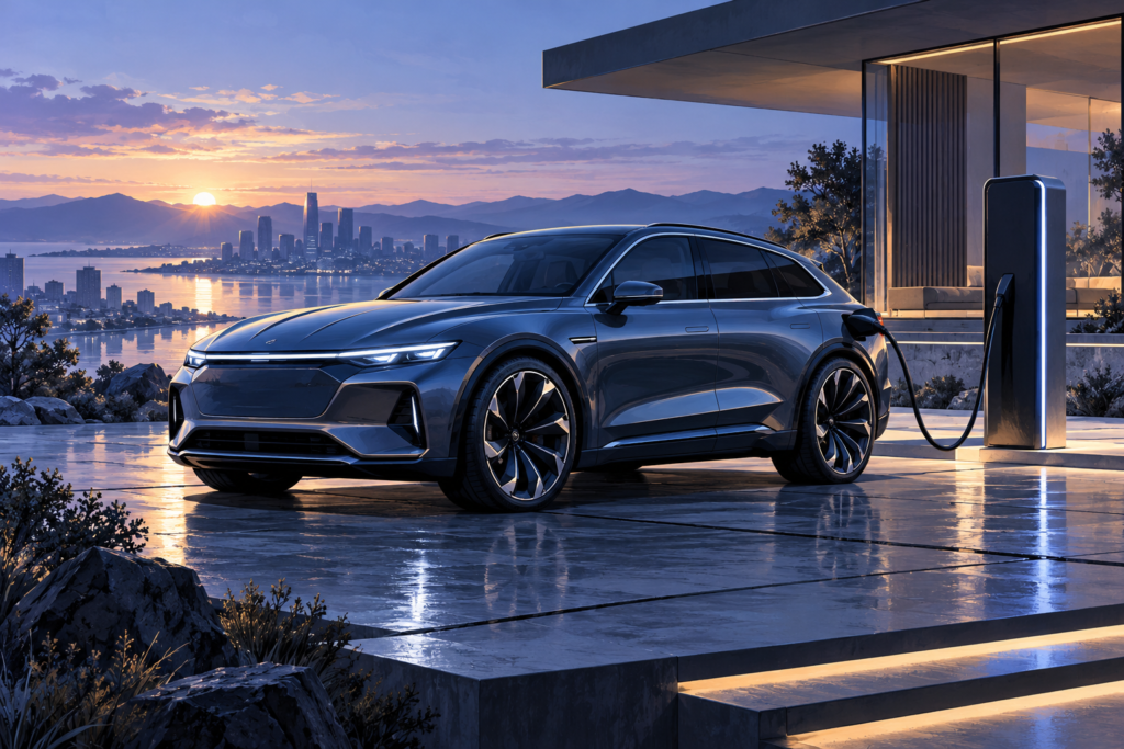 Fiktiv elektrisk performance-SUV ved en moderne ladestation i blå morgentoner.