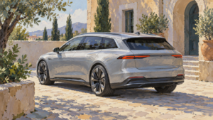 Fiktiv sølvfarvet stationcar set skråt bagfra i en gård, malet illustration.