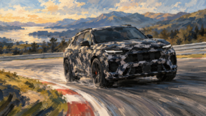 Fiktiv camoufleret SUV på en testbane, malet illustration.