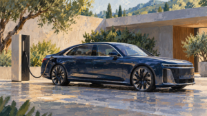 Fiktiv mørkeblå elektrisk sedan ved en ladestander, malet illustration.