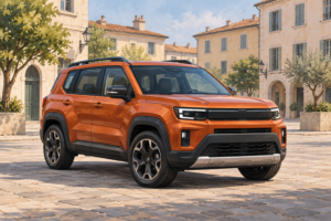 Fiktiv orange familie-SUV på en europæisk byplads, malet illustration.