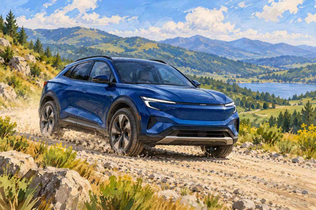 Fiktiv blå elektrisk crossover på en grusvej, malet illustration.