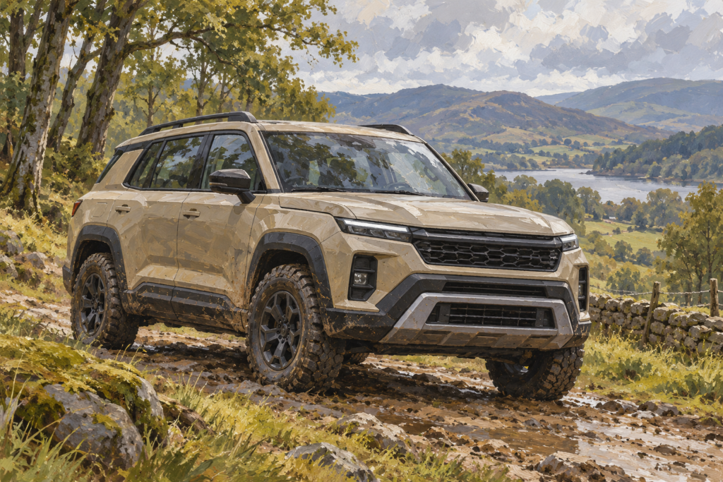 Fiktiv sandfarvet SUV på et skovspor, malet illustration.