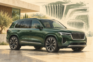 Fiktiv grøn luksus-SUV i en malet illustration.