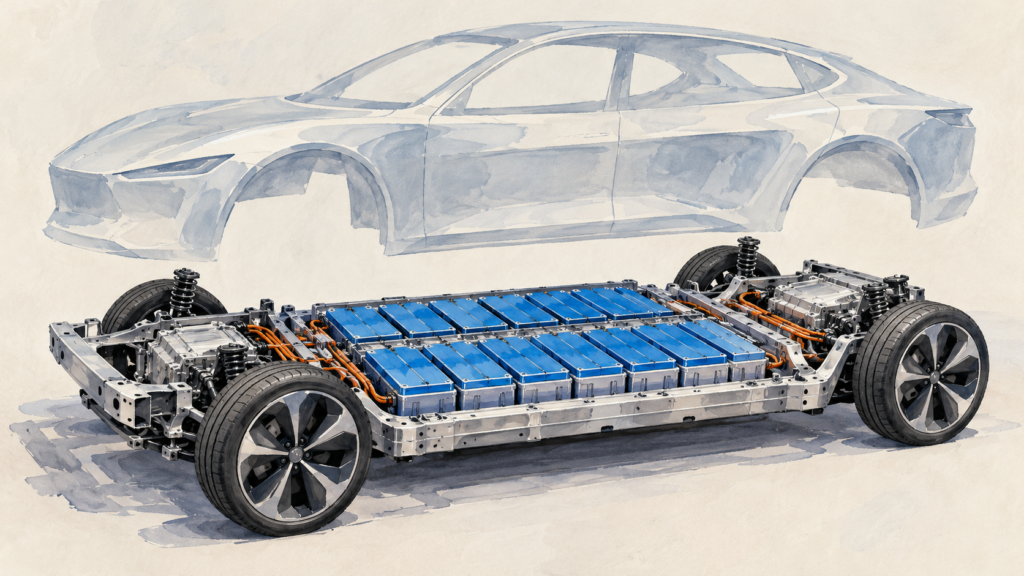 Generiske battericeller og karrosseribund, malet illustration.