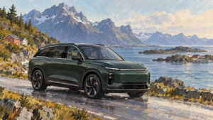 Fiktiv mørkegrøn el-SUV ved en norsk kystvej, malet illustration.