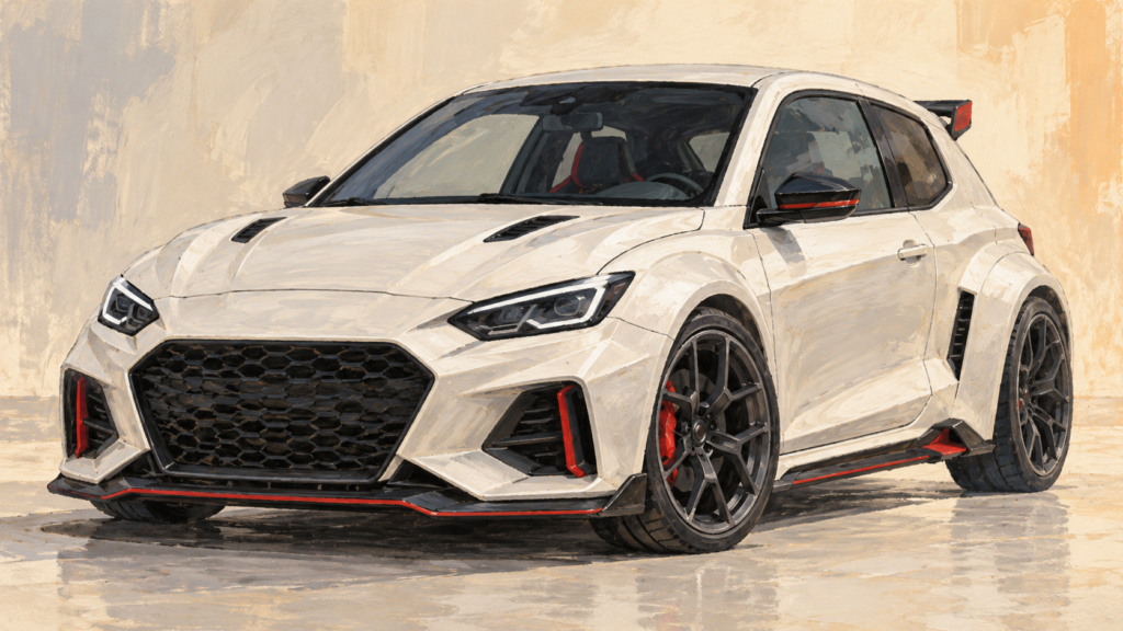 Fiktiv hvid kompakt sports-hatchback, malet illustration.