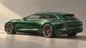 Fiktiv grøn shooting brake med to døre, malet illustration.