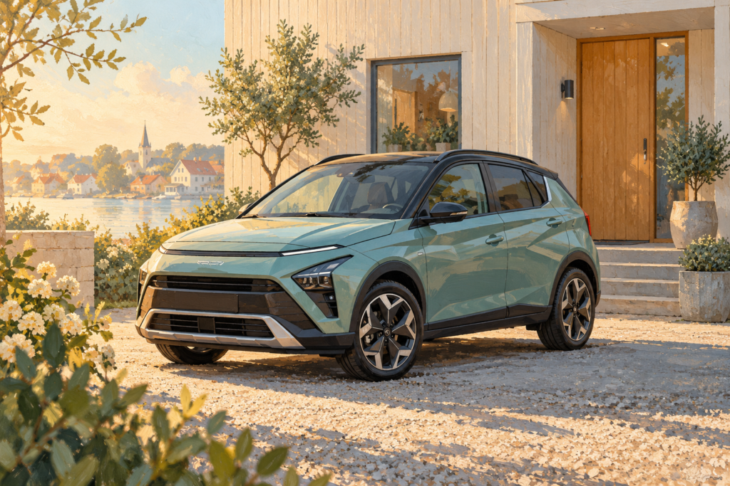 Fiktiv lille kantet hybrid-SUV ved et skandinavisk byhus, illustreret i varme farver.