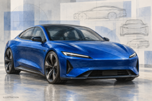 Fiktiv blå sports-sedan i en malet teknisk illustration.
