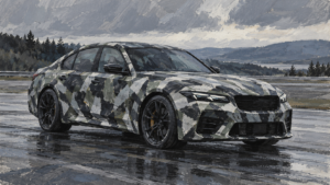 Fiktiv camoufleret sportslig sedan på en testbane, malet illustration.