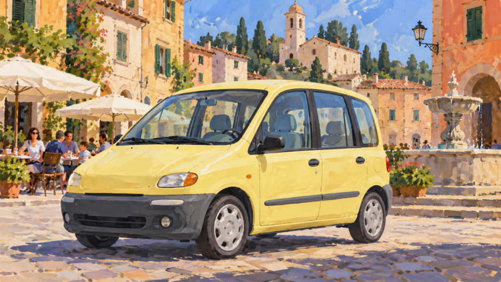 Fiktiv lysegul familiebil på en italiensk byplads, malet illustration.