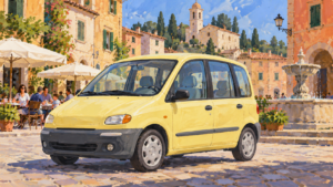 Fiktiv lysegul familiebil på en italiensk byplads, malet illustration.