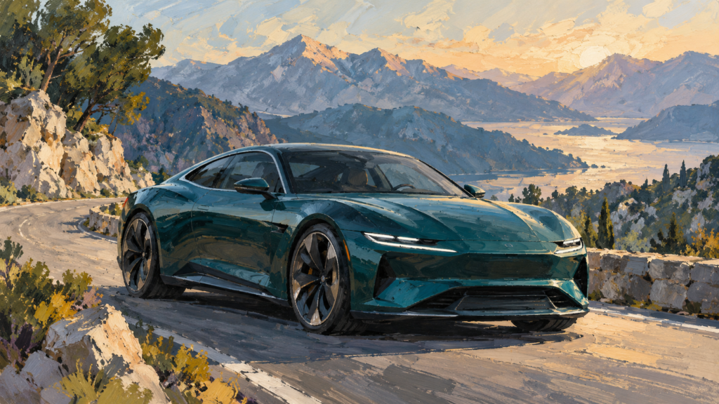 Fiktiv mørk turkis coupé ved en bjergvej, malet illustration.