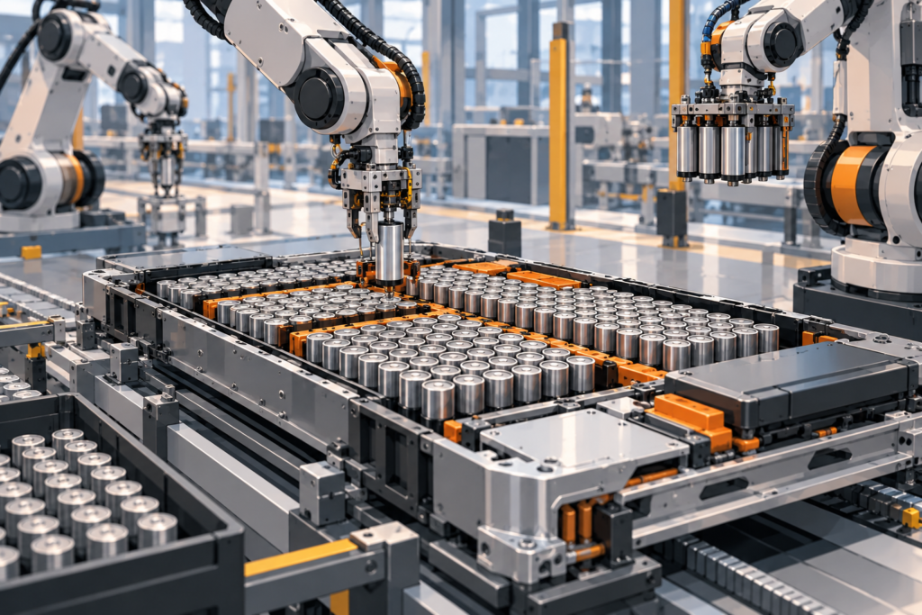 Illustreret batterisamling med cylindriske celler og robotter i en fiktiv fabrikshal.
