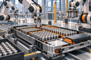 Illustreret batterisamling med cylindriske celler og robotter i en fiktiv fabrikshal.